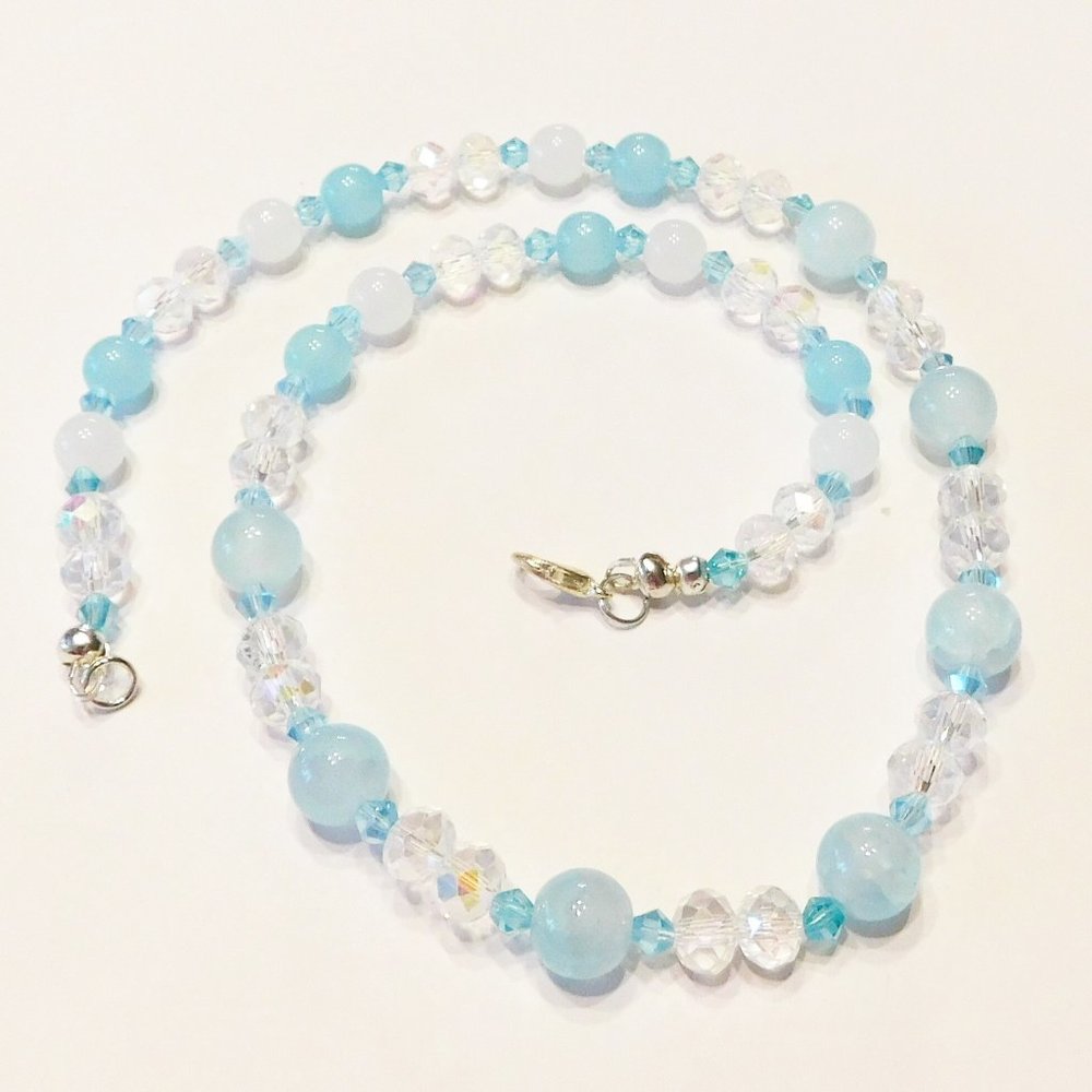 Handmade Light Blue & Clear Glass Beaded Necklace - 19"